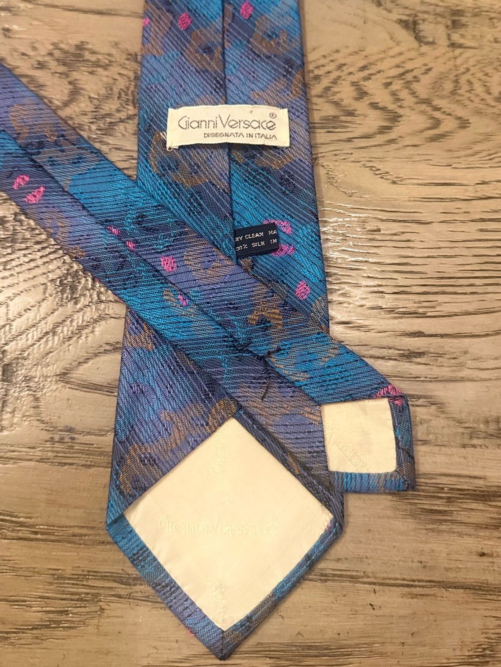 Versace Blue Silk Tie with Pink and Brown Motifs
